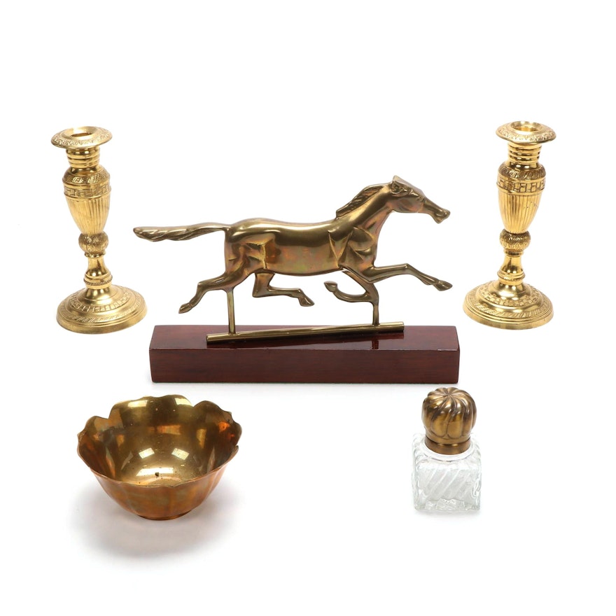 Figural Brass Horse on Wooden Stand and Other Brass Table Accessories