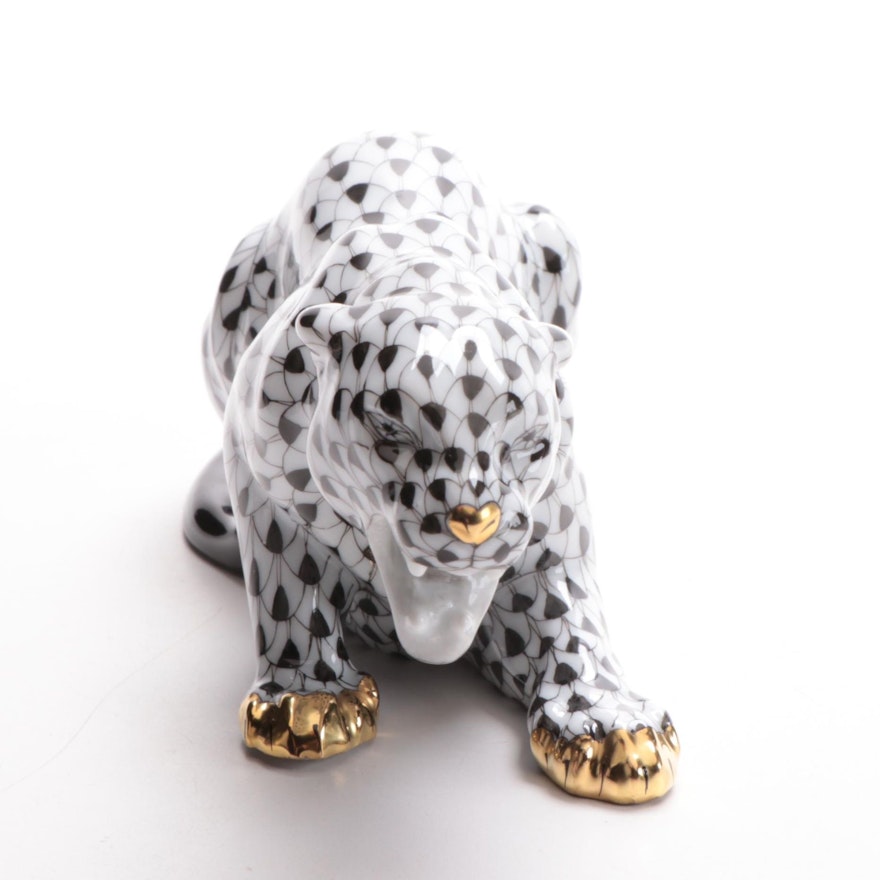 Herend Black Fishnet with Gold "Panther" Porcelain Figurine