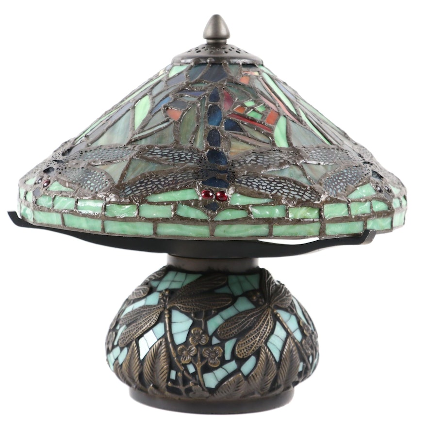 Slag Glass Accent Lamp with Dragonfly Motif, 21st Century