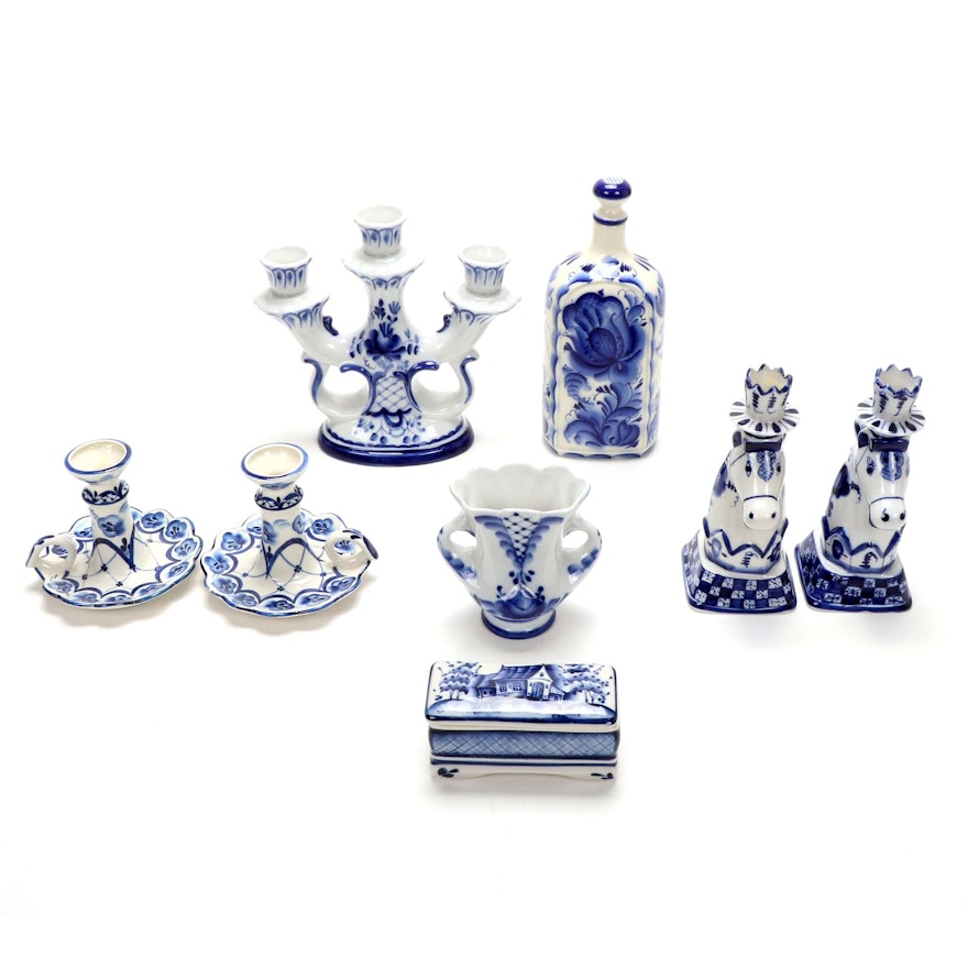 Russian Gzhel Hand Painted Porcelain Candleholders, Vase, Trinket Box and More