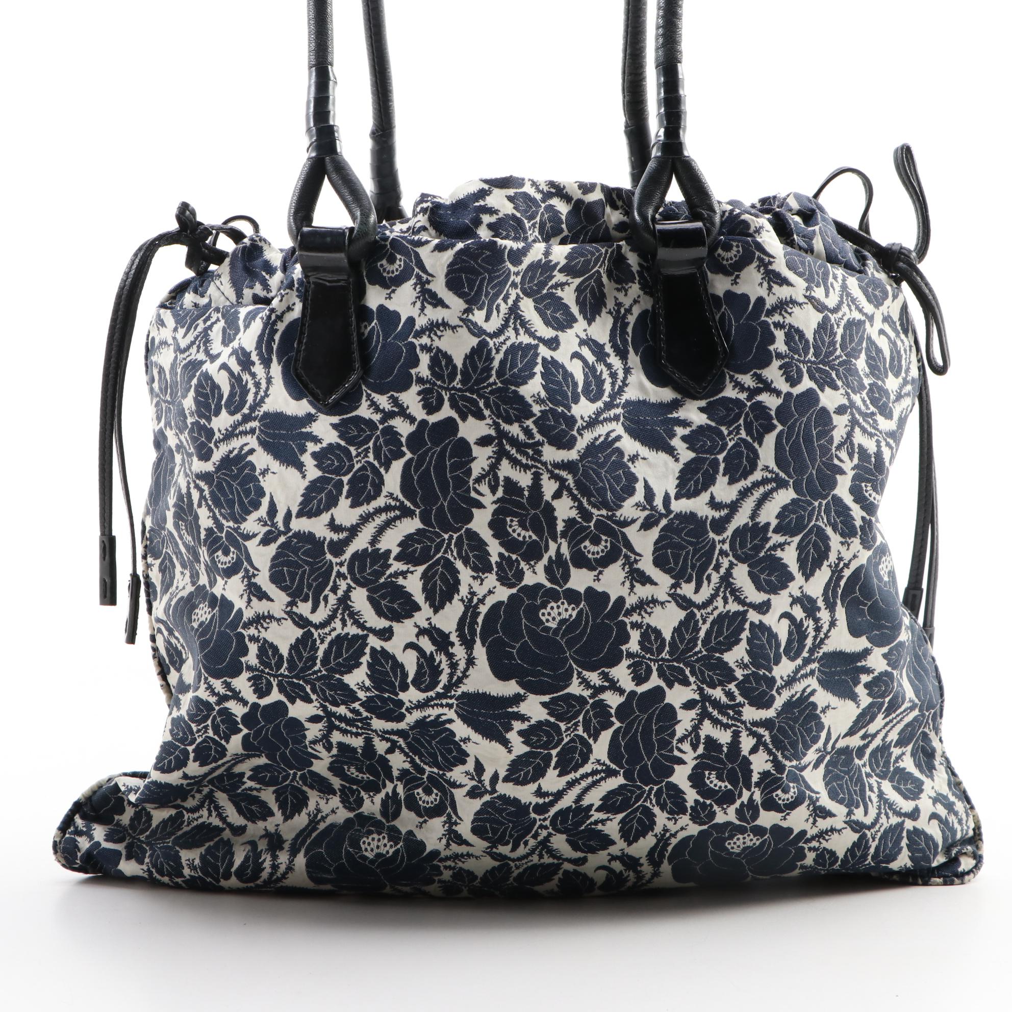 Prada Floral Canvas Drawstring Shoulder Bag with Black Leather Trim