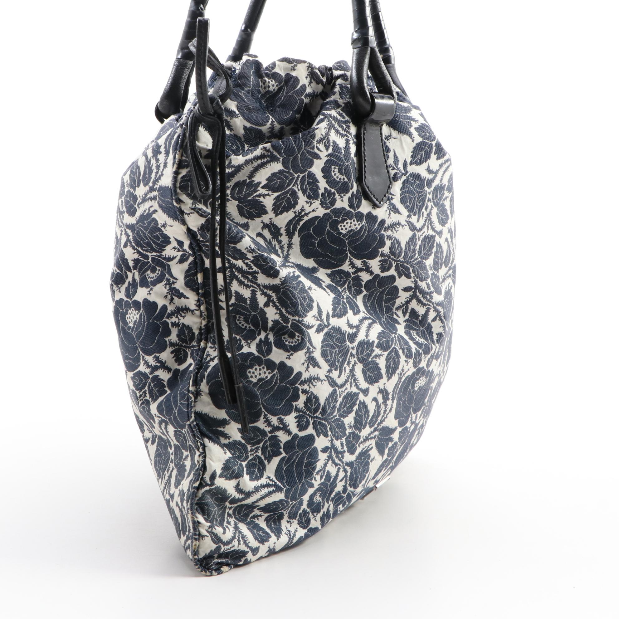 Prada Floral Canvas Drawstring Shoulder Bag with Black Leather Trim