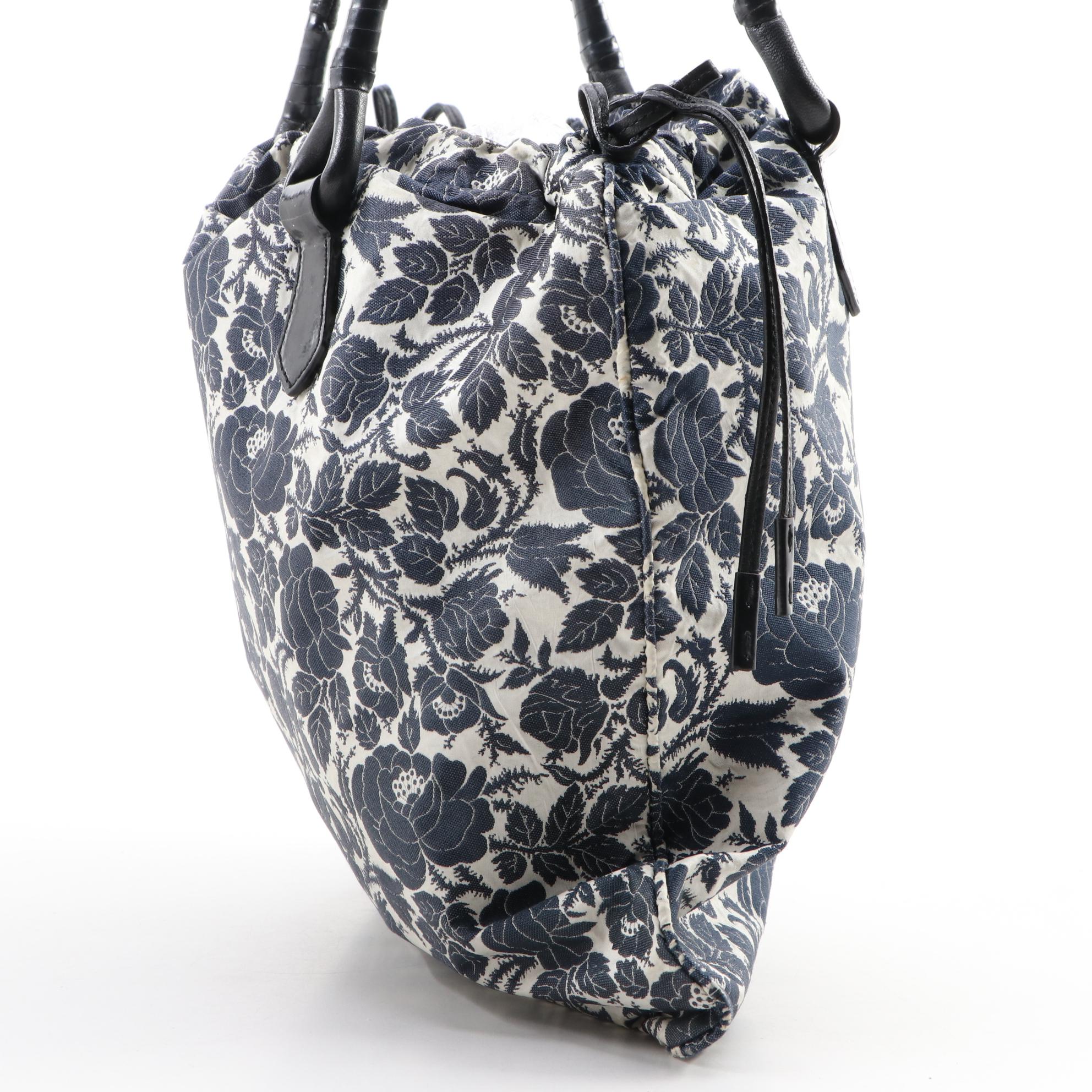 Prada Floral Canvas Drawstring Shoulder Bag with Black Leather Trim