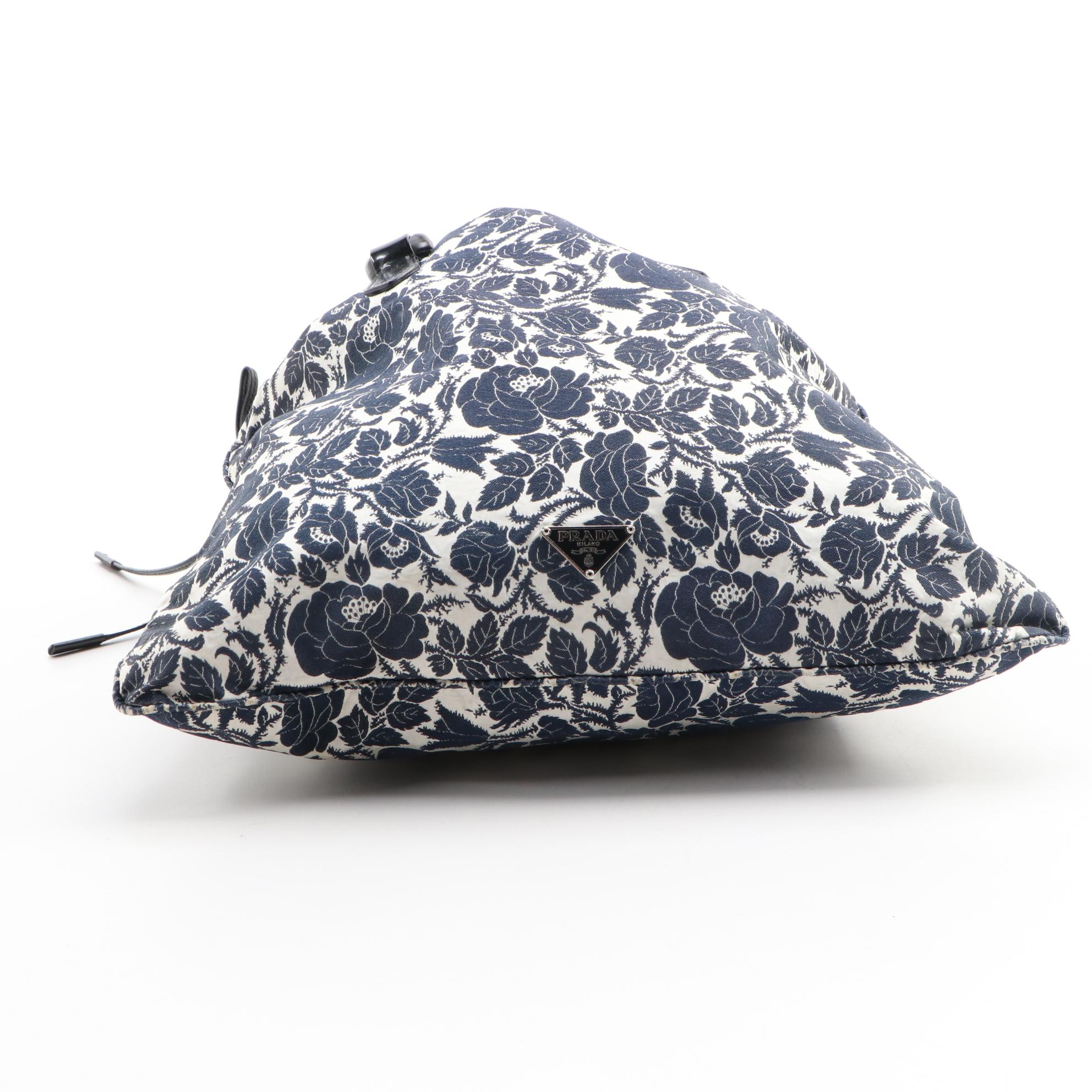 Prada Floral Canvas Drawstring Shoulder Bag with Black Leather Trim