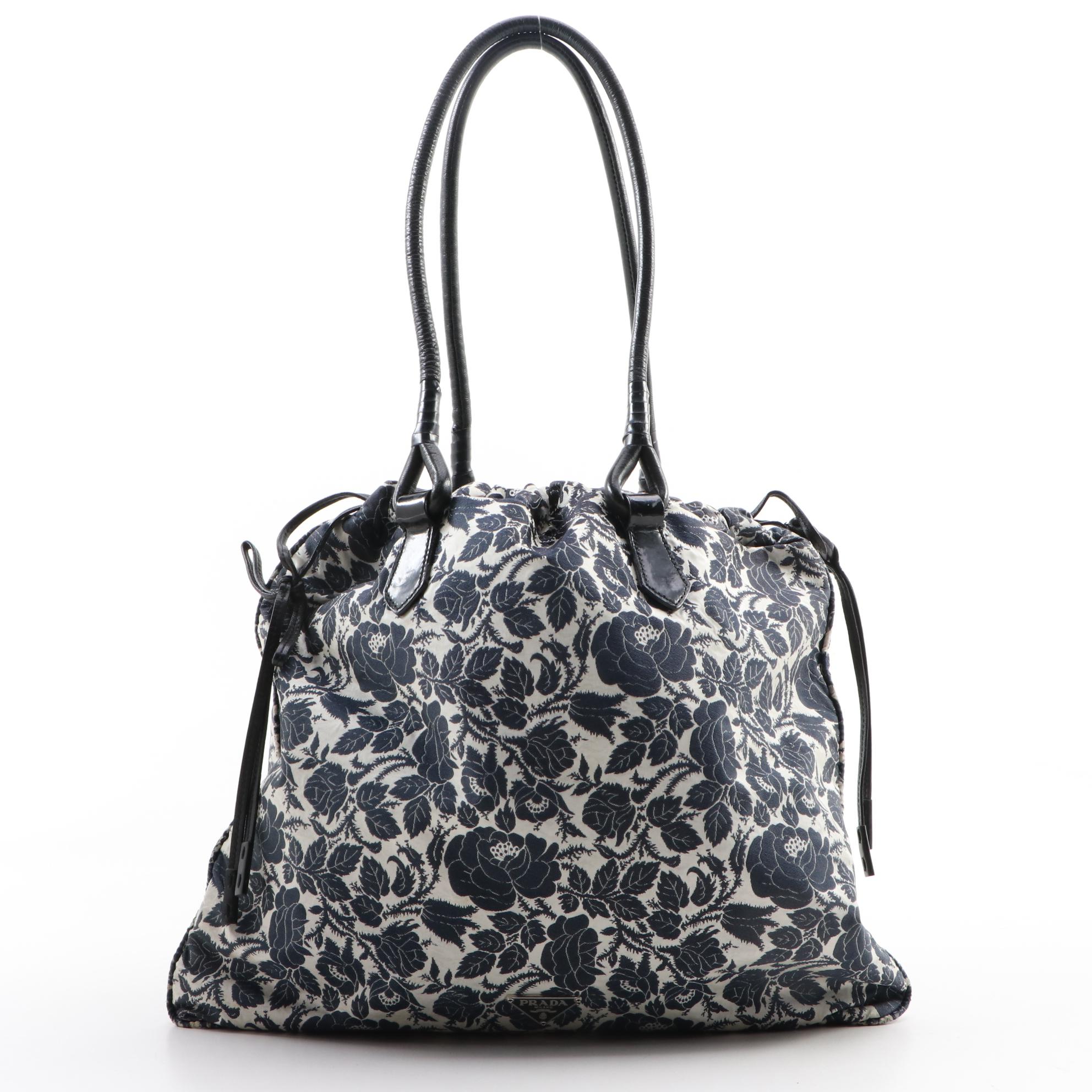 Prada Floral Canvas Drawstring Shoulder Bag with Black Leather Trim