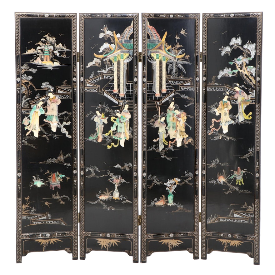 Chinese Lacquered and Paint-Decorated Wood Four-Panel Screen