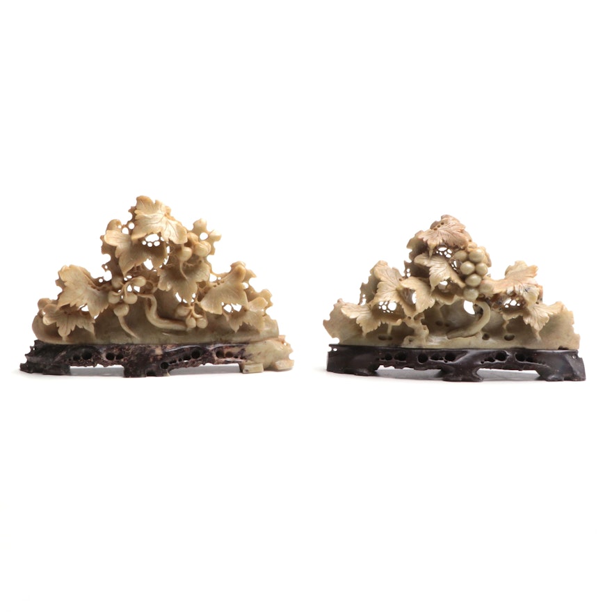 Pair of Chinese Carved Soapstone Grape Vine Shelf Accents