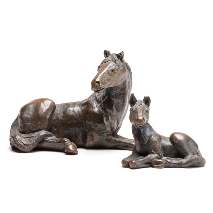 Cast Bronze Mare and Foal Figurines, Late 20th Century