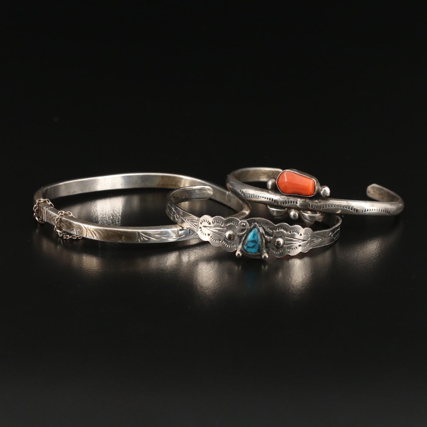 Sterling Silver Coral and Turquoise Cuffs and Hinged Bangle