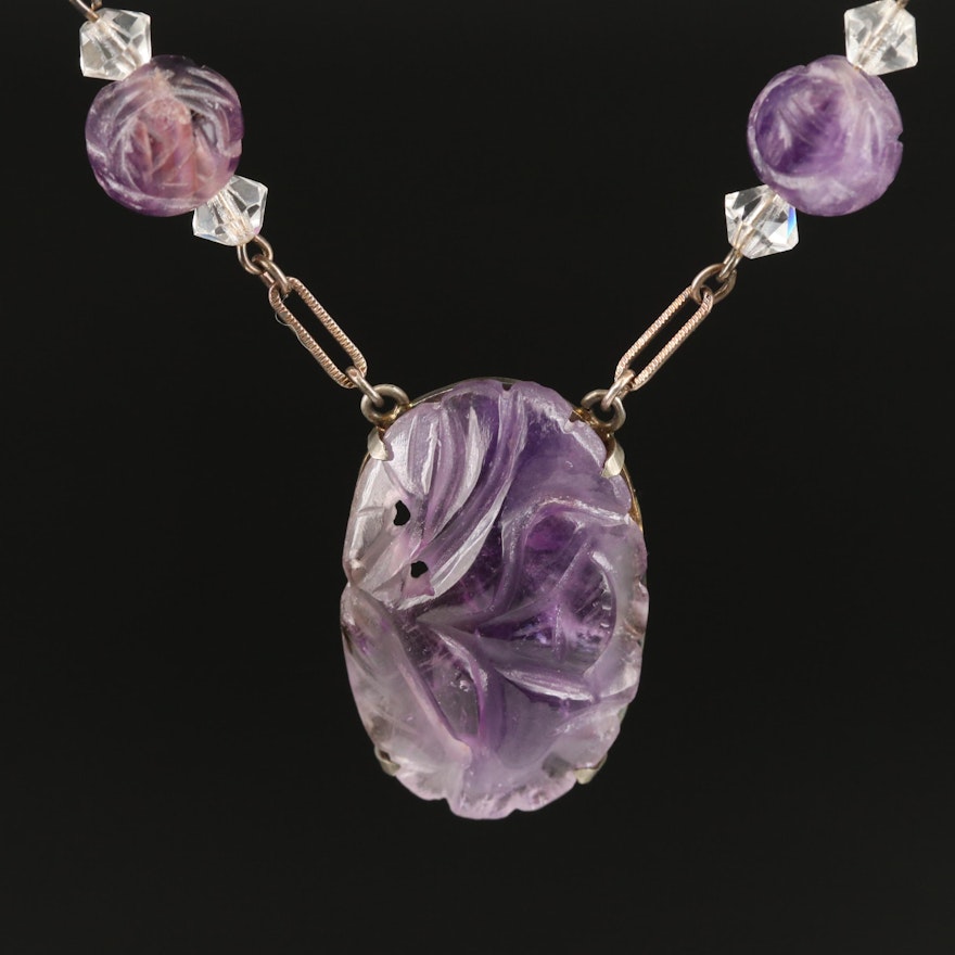 1930s Sterling Amethyst and Glass Stationary Necklace