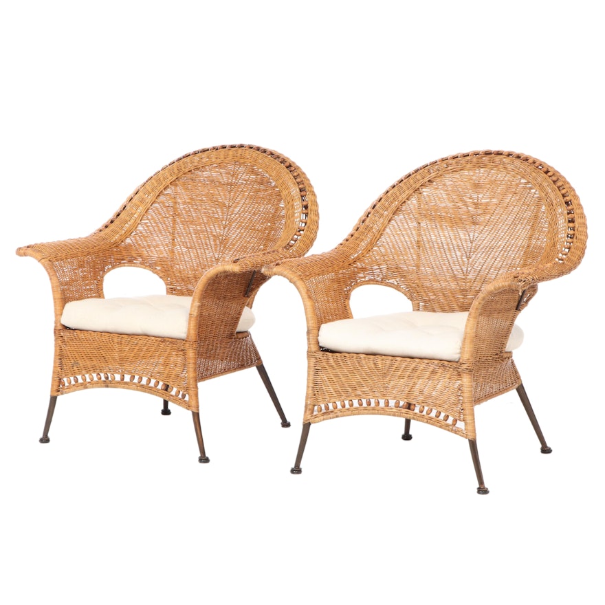 Pair of Wicker Armchairs with Seat Cushions, Late 20th Century