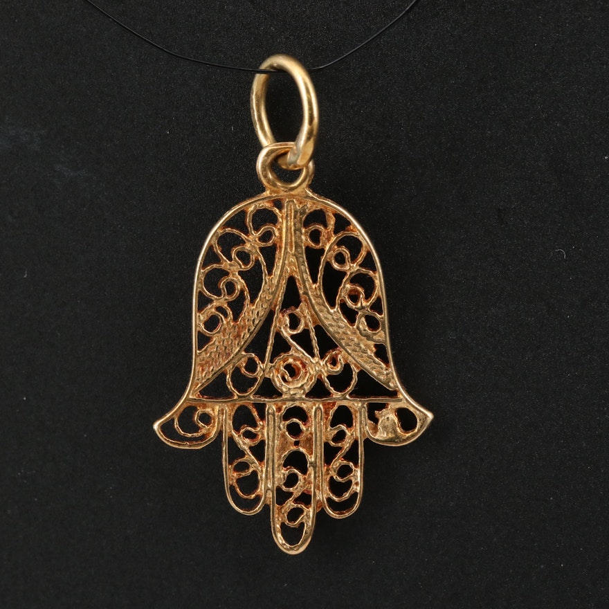 14K Hamsa Hand Filigree Pendant