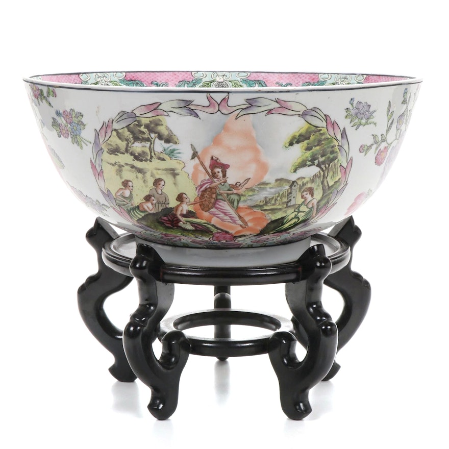 Chinese Hand-Painted Porcelain Bowl and Wood Stand