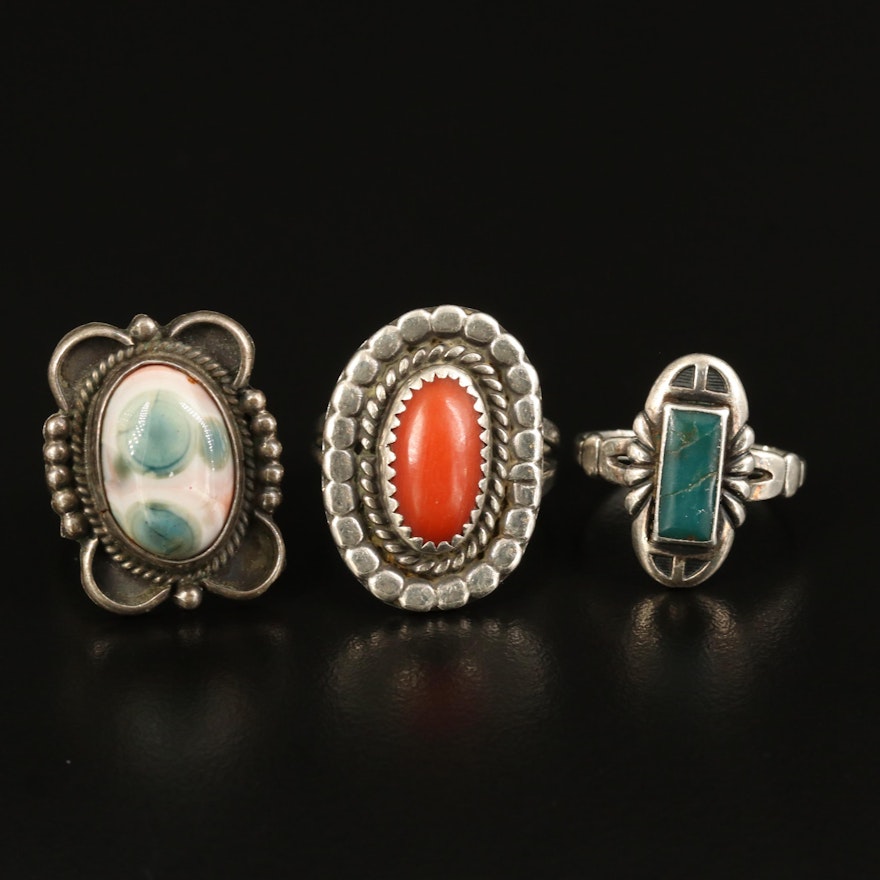 Sterling Rings with Jasper, Coral and Turquoise