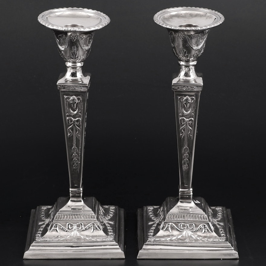 Silver Plate Empire Style Candlesticks with Bow and Garland Motif