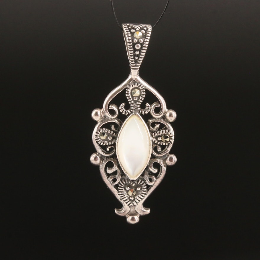 Sterling Silver Mother of Pearl and Marcasite Scrollwork Pendant
