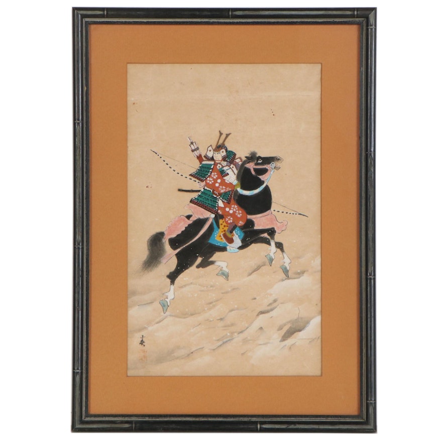 Japanese Gouache Painting of Samurai on Horseback