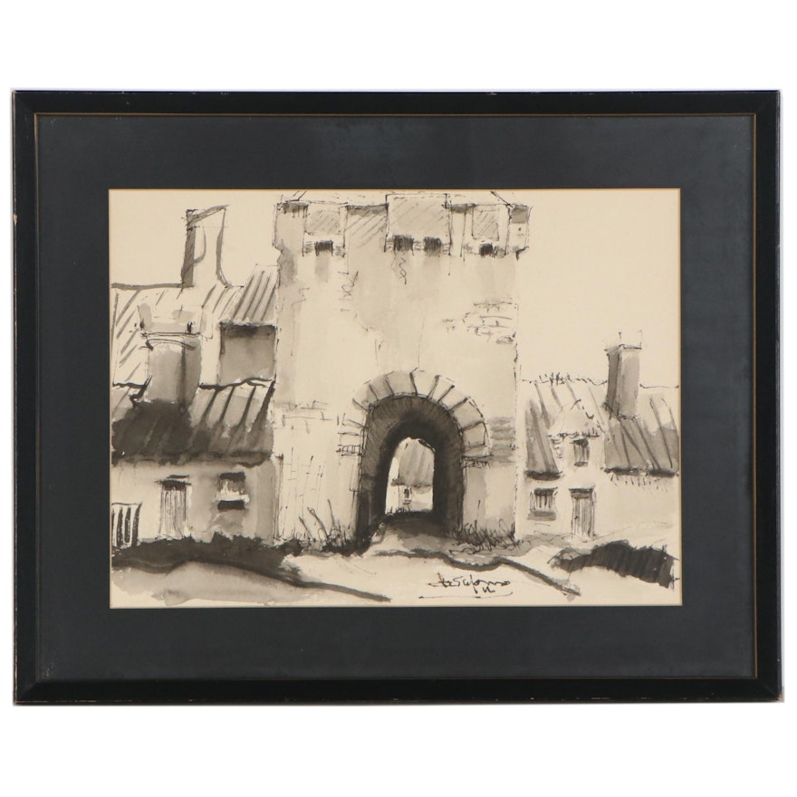 Monochrome Watercolor Painting of Archway, Late 20th Century