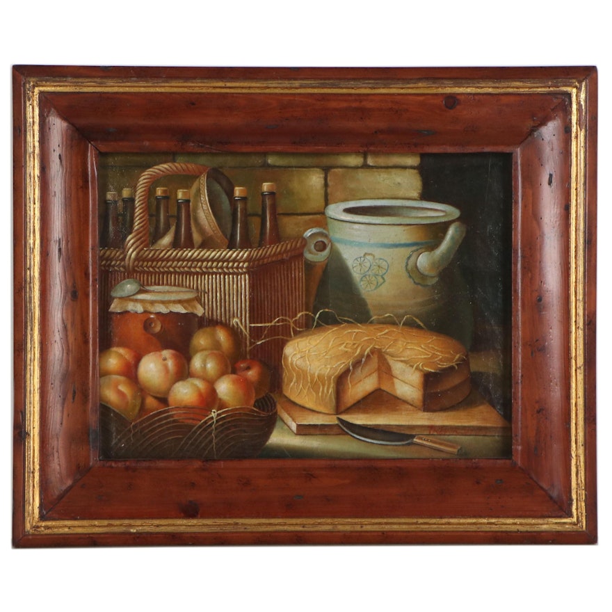 Trevor James Still Life Oil Painting with Fruit and Dairy, Mid-20th Century
