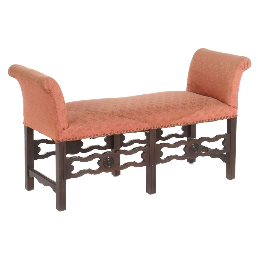 Salmon Upholstered Mahogany Bench, Mid to Late 20th Century
