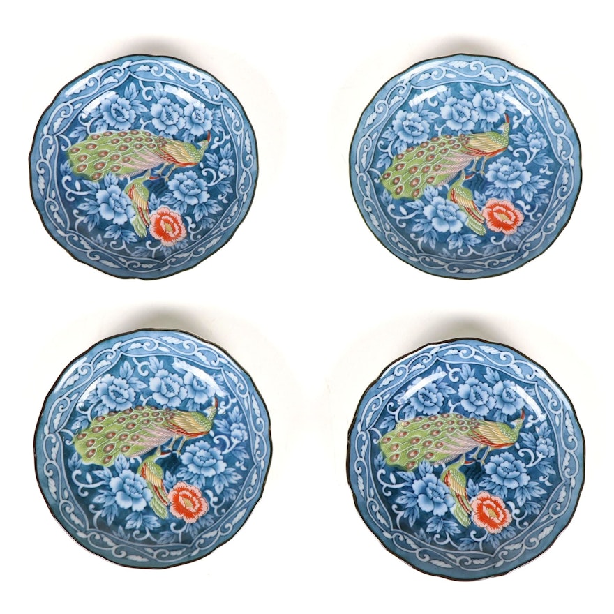 Chinese Porcelain Blue and White Coupe Plates with Colorful Peacock