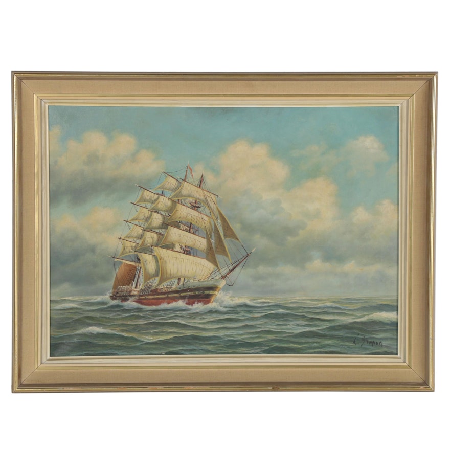 L. Simon Nautical Oil Painting, Mid-20th Century