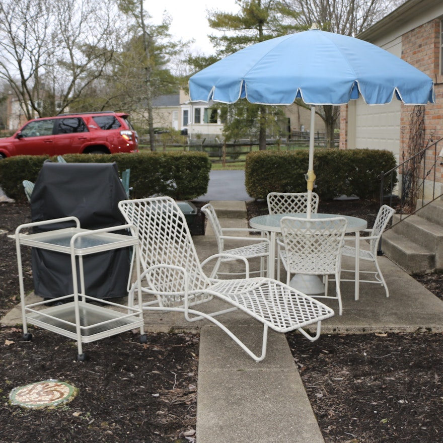 Brown Jordan Patio Dining Set with Umbrella, Cart and Chaise Lounge