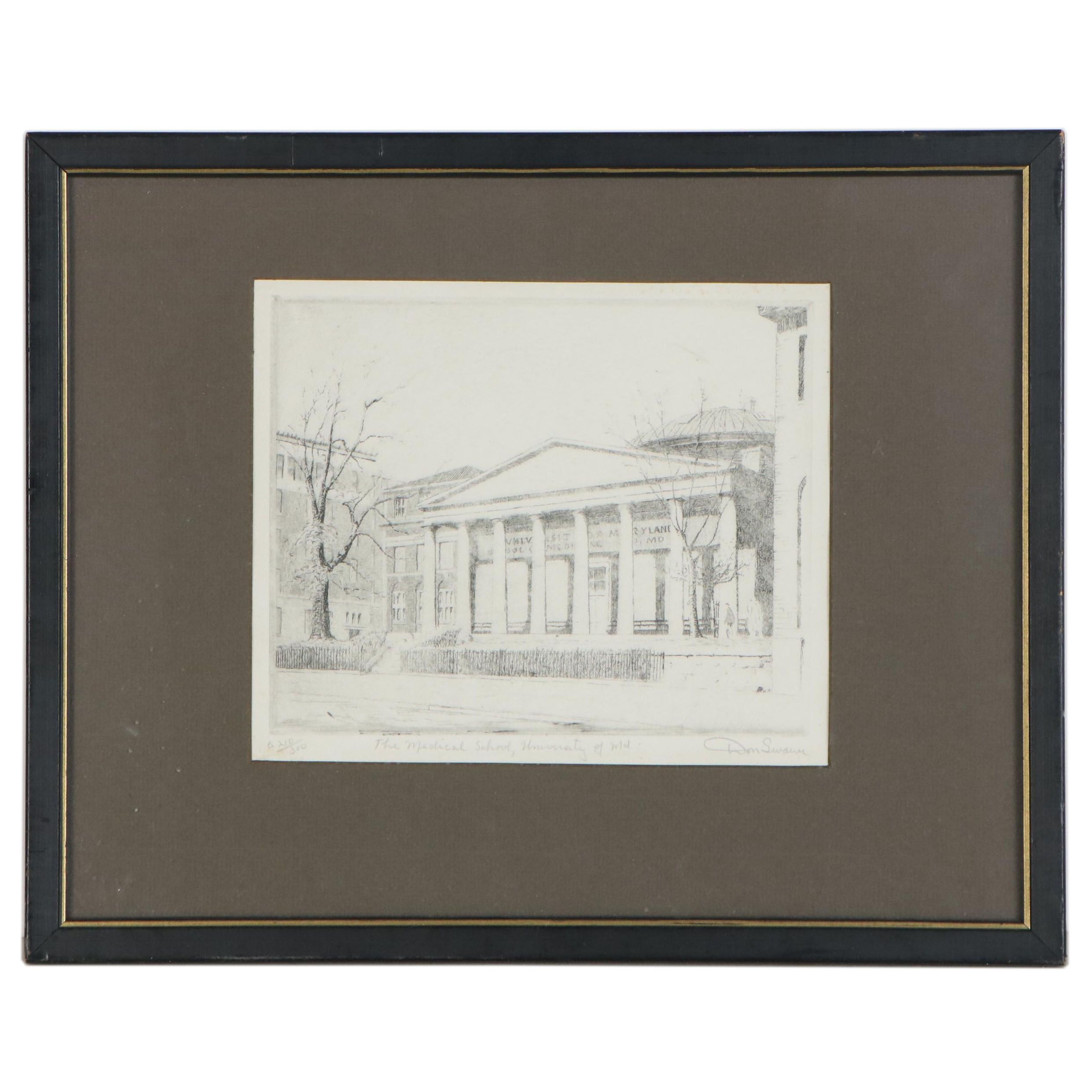 Don Swann Etching "The Medical School, University of MD.," Early 20th Century