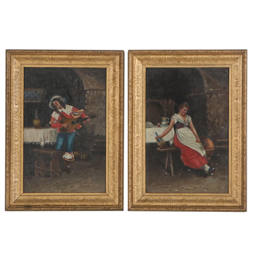 Italian School Oil Genre Paintings of Lute Player and Bar Maid, 20th Century