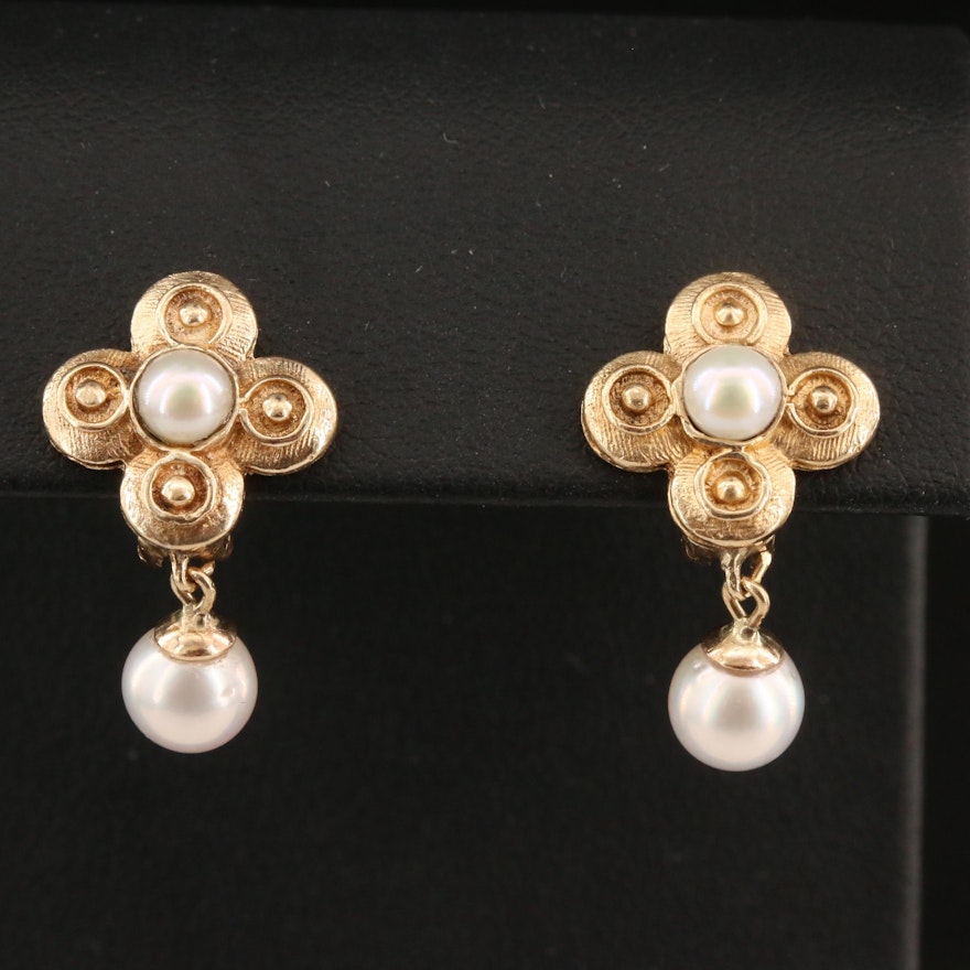 14K Pearl Quatrefoil Drop Earrings