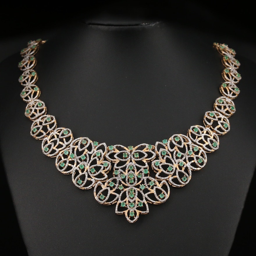 Aaron Isaacs Sterling Emerald and Diamond Bib Necklace