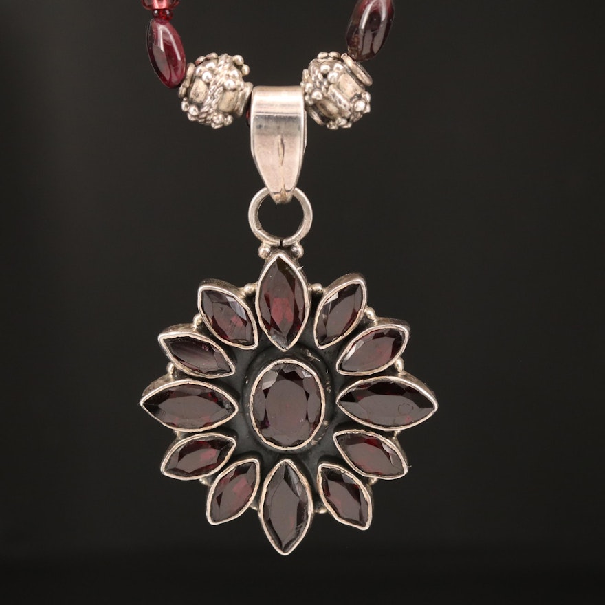 Sterling Garnet Floral Drop Necklace