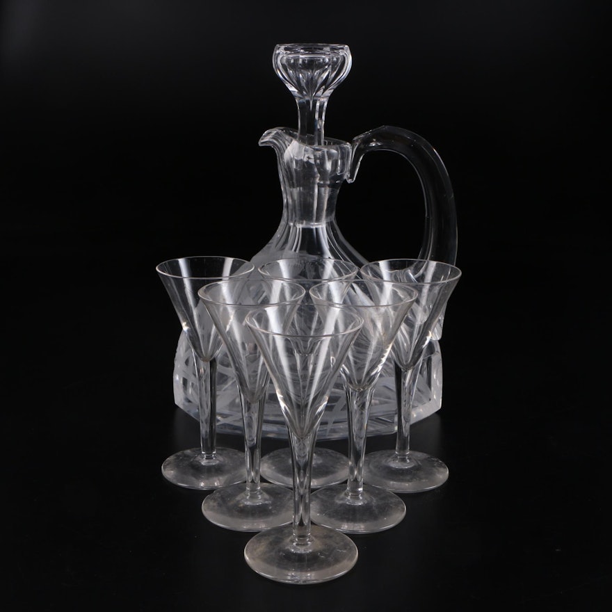 Etched Liquor Decanter and Glasses, Early to Mid 20th Century