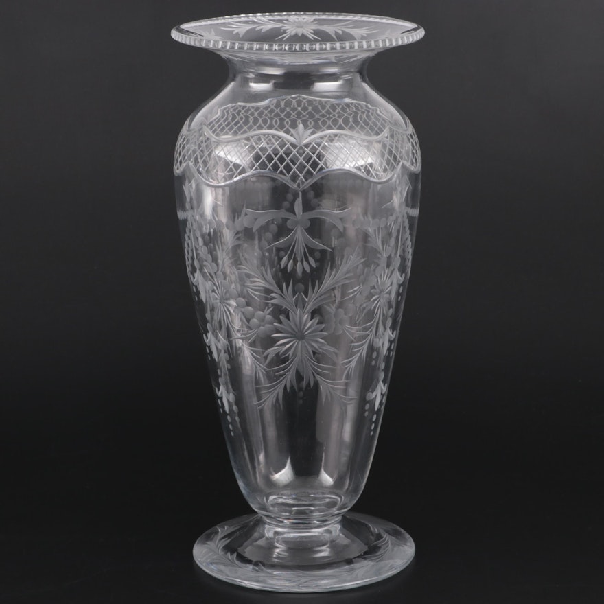 Tuthill Cut Glass Company Floral Etched Vase, Early 20th Century