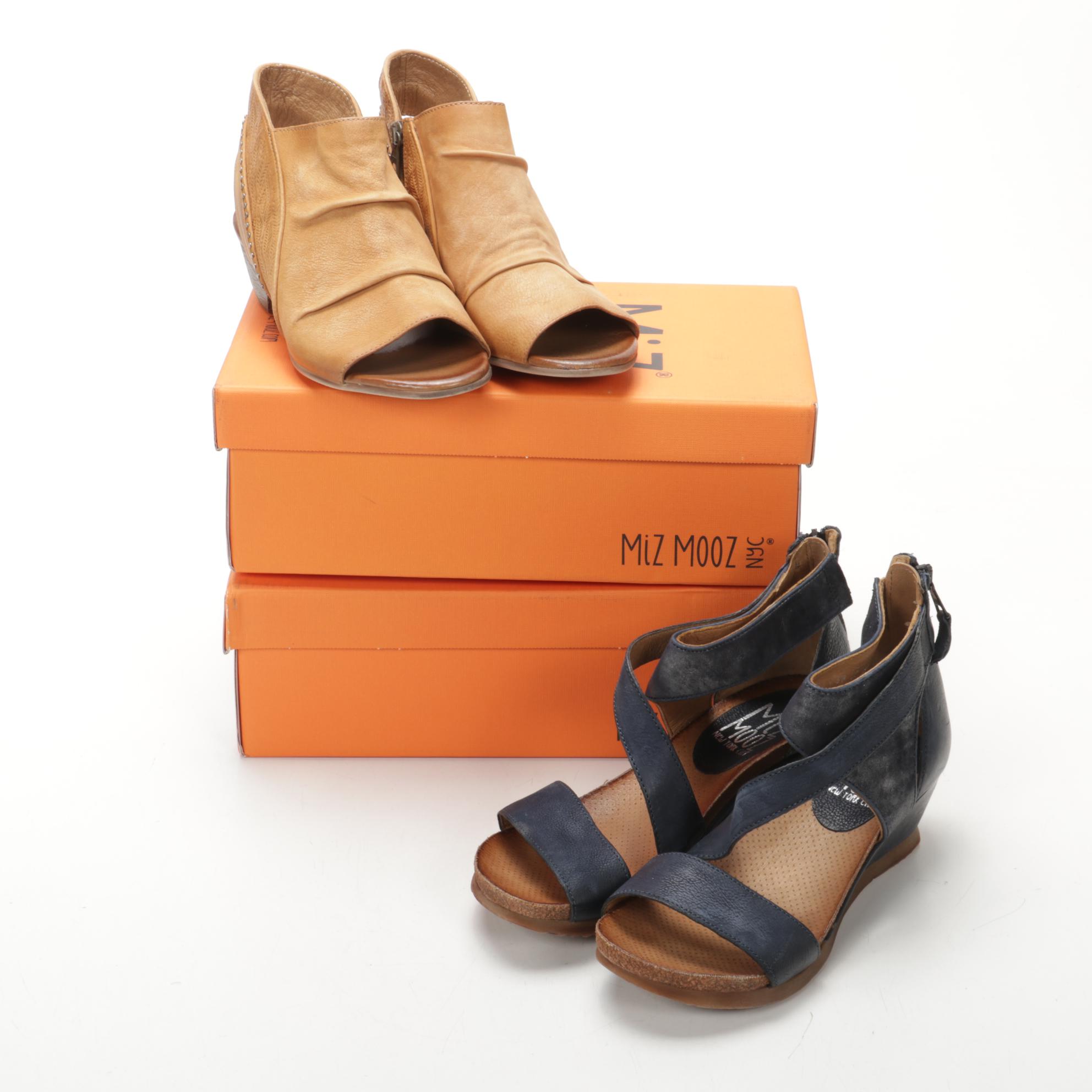Miz Mooz Molly and Chase Wide Leather Sandals in Midnight and Wheat