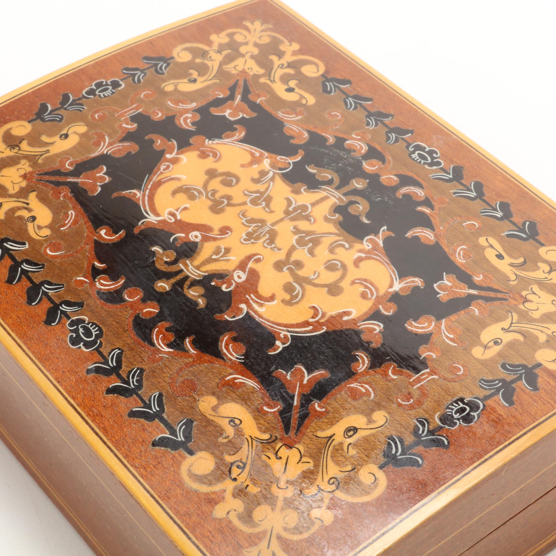 Marquetry Inlaid  Musical Jewelry Boxes and Decorative Box, Mid-Late 20th C.