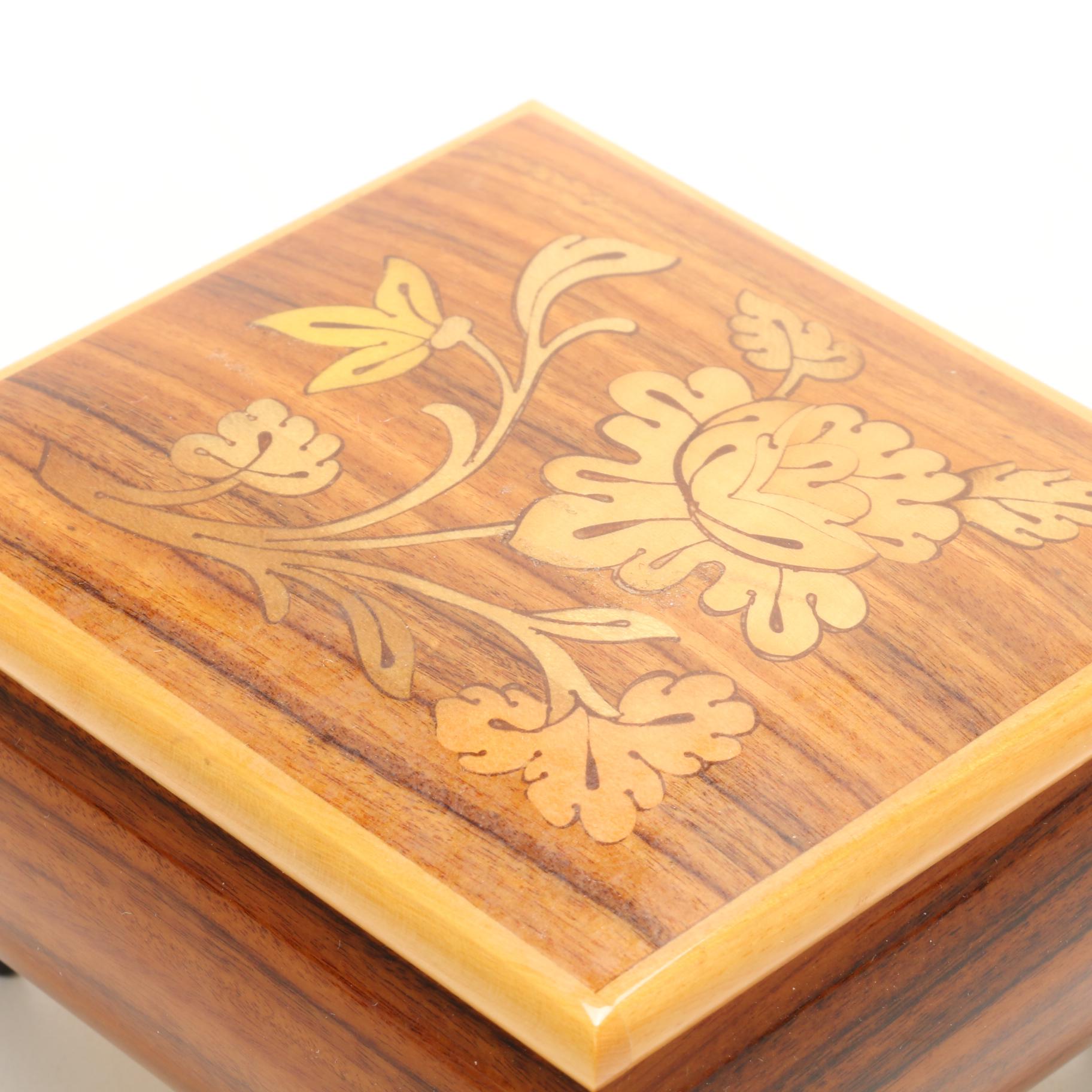 Marquetry Inlaid  Musical Jewelry Boxes and Decorative Box, Mid-Late 20th C.
