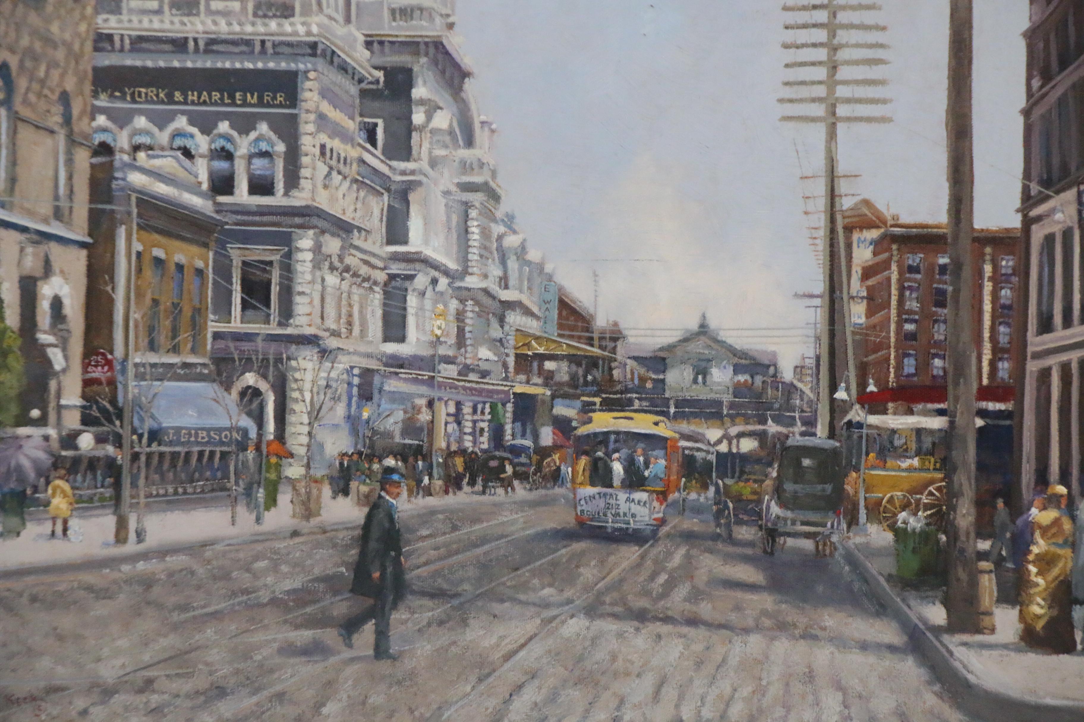 Fritz Keck Oil Painting of Historic New York with Street Cars, 21st Century