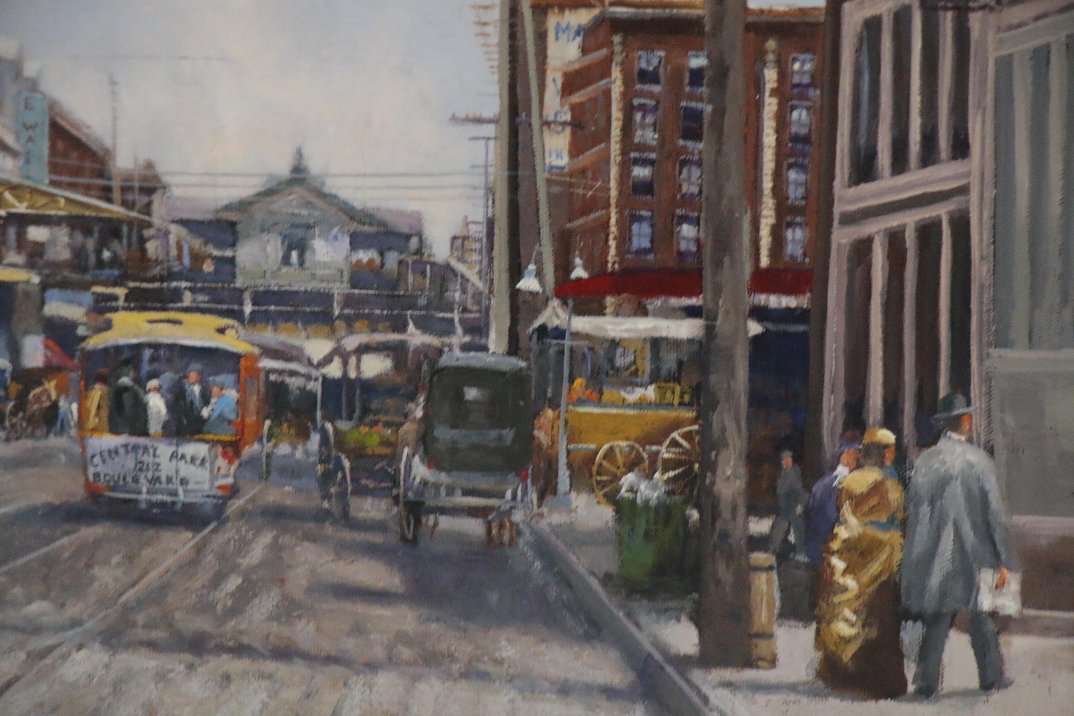 Fritz Keck Oil Painting of Historic New York with Street Cars, 21st Century