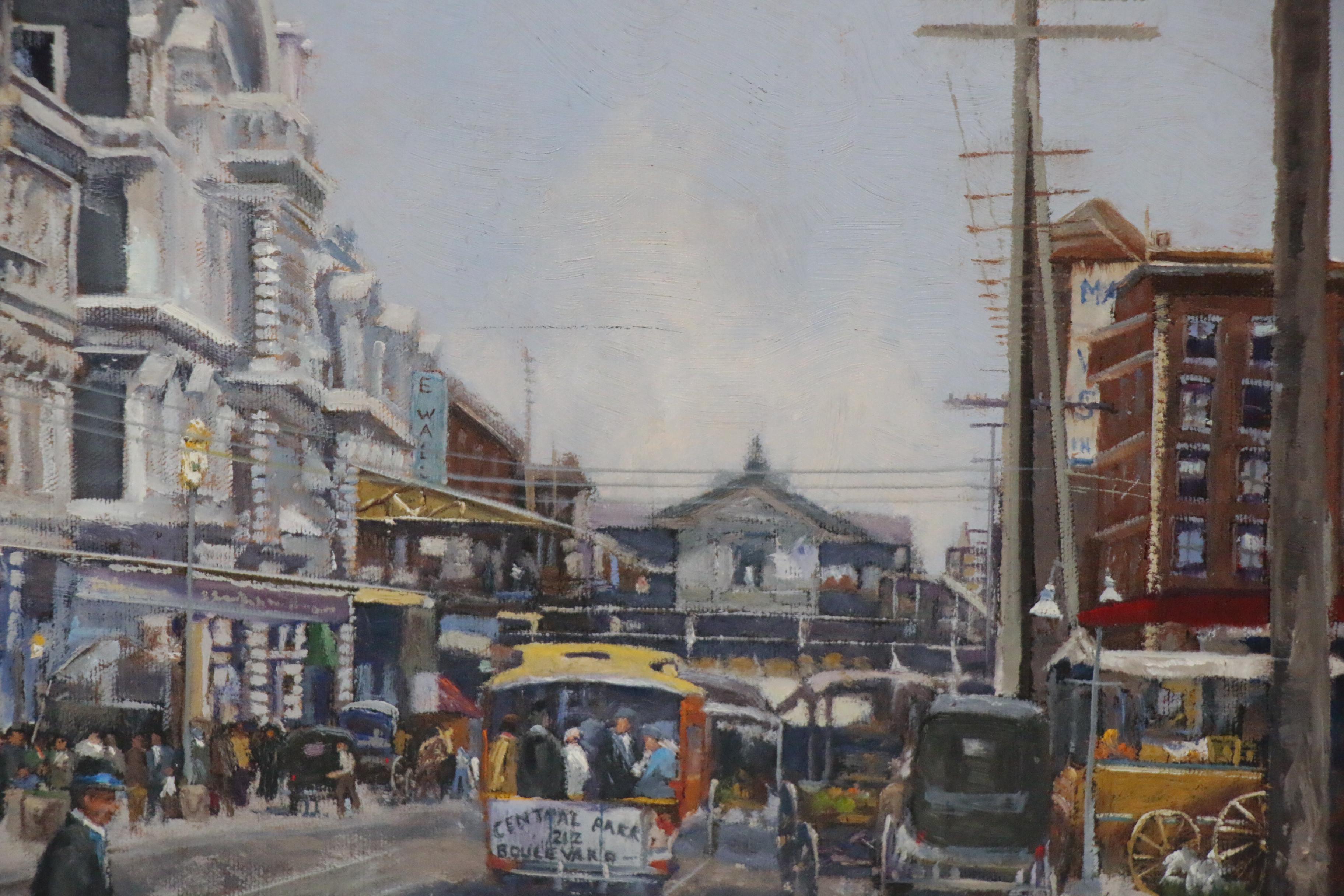 Fritz Keck Oil Painting of Historic New York with Street Cars, 21st Century