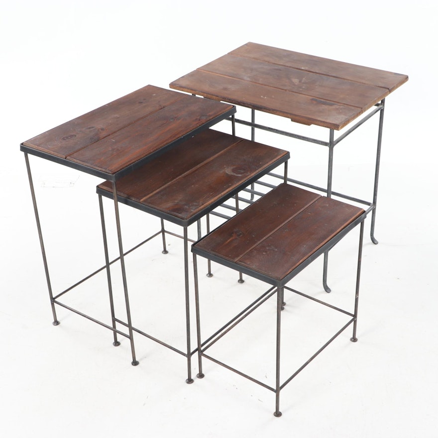 Set of Three Pine and Patinated Metal Pottery BarnNesting Tables Plus Side Table