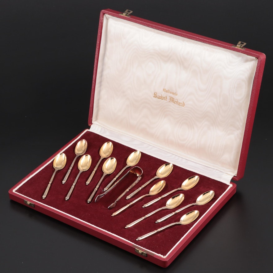 Saint-Médard Sterling Demitasse Spoons with Sugar Tongs and Presentation Case