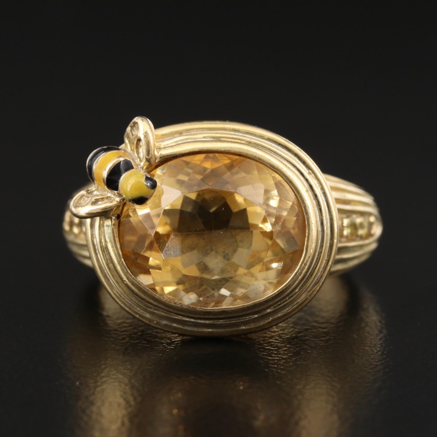 Sterling Silver Citrine and Yellow Sapphire Ring with Bee Accent