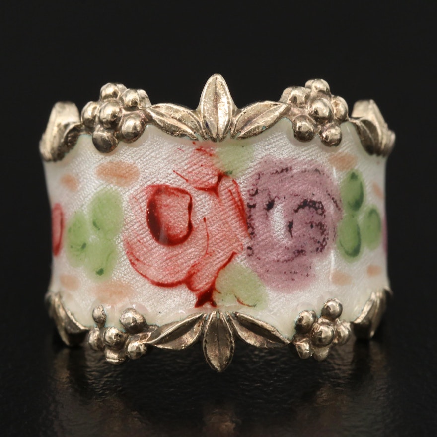 Vintage Espo Sterling Silver Enamel Floral Ring