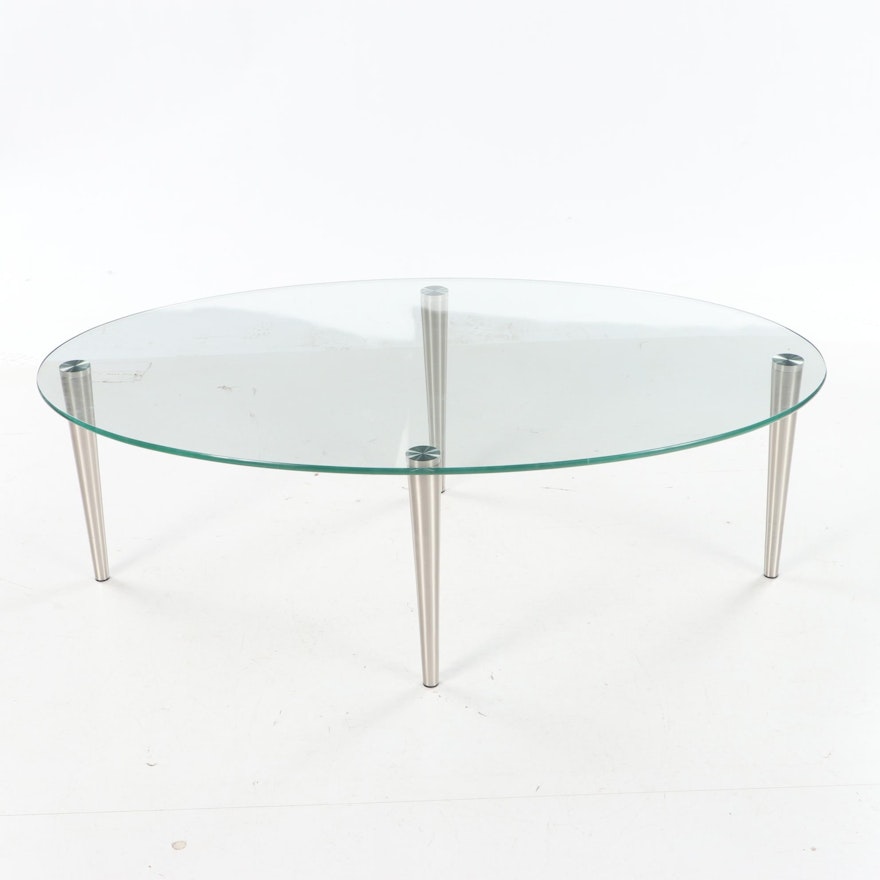 Contemporary Oval Shaped Brushed Metal and Glass Top Coffee Table