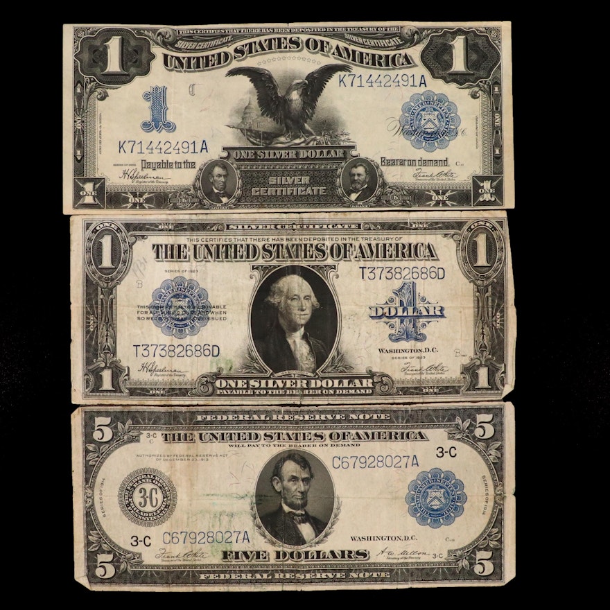 Large Format $1 Silver Certificates and $5 Federal Reserve Note