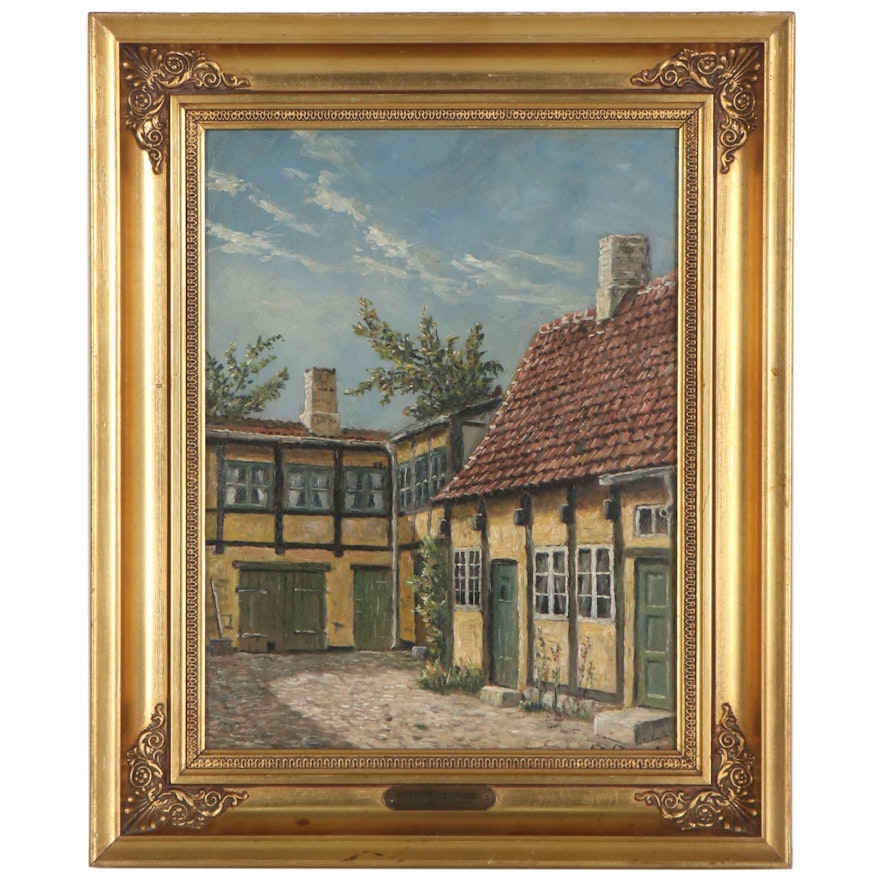 Frands Frandsen European Village Oil Painting, Early 20th Century