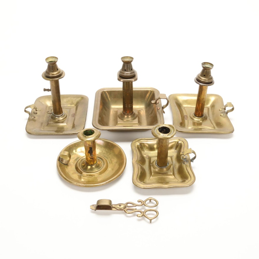 Five Brass Chambersticks, Wick Trimmer and Snuffer, Early 20th Century