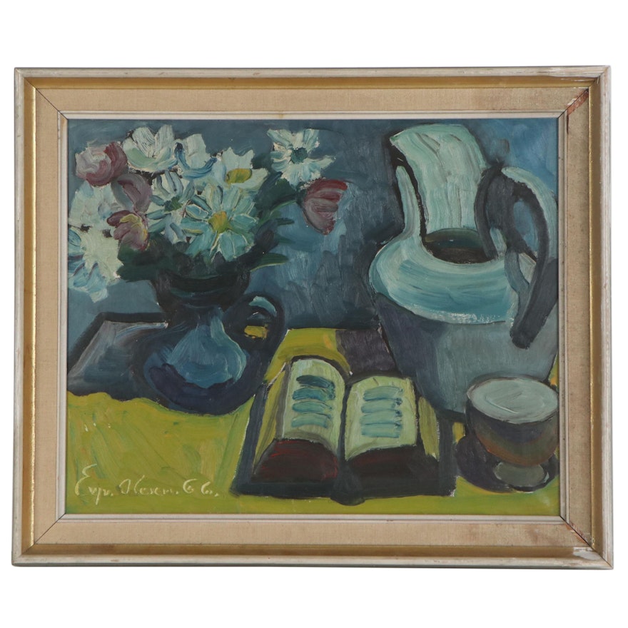 Eyvind Olesen Oil Painting of Flowers and Book Still Life, Mid-Late 20th Century