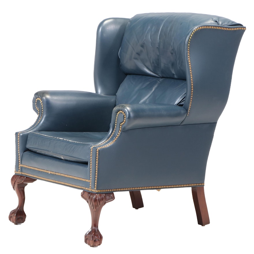 Hancock & Moore Chippendale Style Mahogany and Blue Leather Wingback Armchair